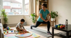 parent in their 30s doing a quick home workout while a child plays nearby