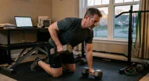 adult in their 40s doing a strength workout at home before work