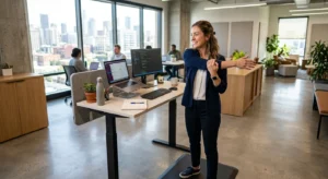 young professional doing a quick stretch break at a standing desk