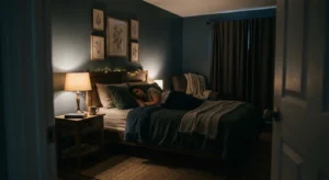 [IMG: bedroom with dim lighting and no screens, showing a healthy sleep environment]